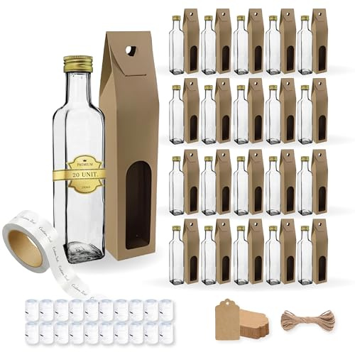 Espirito Rebelde 20 bottiglie in vetro da 250 ml con tappo a vite dorato + 20 scatole + 20 sigilli + 20 etichette personalizzate + 20 etichette Kraft + spago | olio d'oliva, aceto, alcol, salse