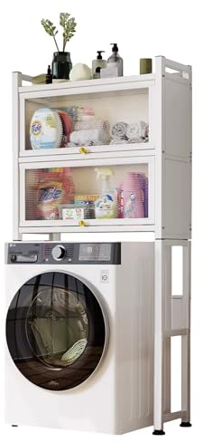 Hylla över Tvättmaskin med Vikdörrar | Vattentät Förvaringsställ | Multipurpose Organizer Hylla | Spara Utrymme med 3 Nivåer | Höjdjusterbara Ben