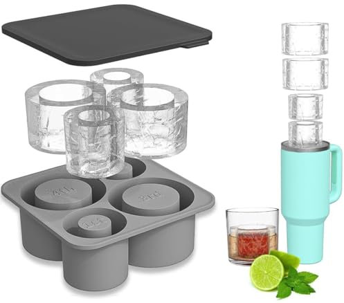 FURNSII Bac à Glaçons pour Stanley Cup, Moule à Glace en Silicone Fabrication de 4 Gros Glaçons Cylindriques, Plateau Bac a Glacons avec Couvercle pour Stanley Thermos Ice Mold
