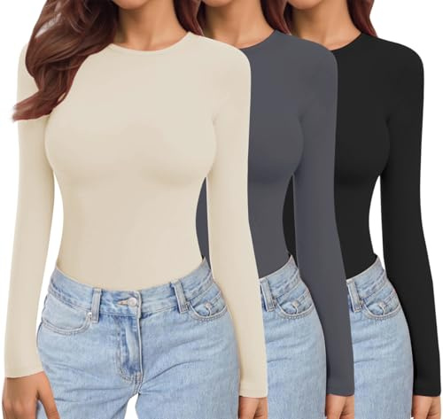 Ekouaer Damen Langarmshirt Thermo Oberteil 1&3 Pack | Rundhals, figurbetont, dehnbar, Basic, einfarbig, weicher Thermostoff mit Micro-Fleece, ausreichend lang zur Bauchabdeckung