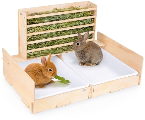 Glittme 2-in-1 Kaninchentoilette mit Heufutterstation aus Holz, schmutzabweisend, mit 2 Becken für Zwergkaninchen, Häschen