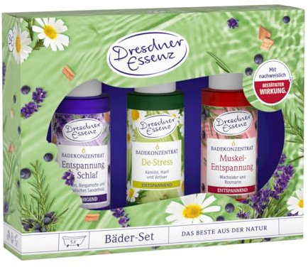 Dresdner Essenz Bäder-Set für Gesundheit| 3 x 20ml Badezusätze für Entspannung, Stress und Muskeln| mit natürlichen ätherischen Ölen für Ihr Wohlbefinden | mit nachweislich bestätigter Wirkung