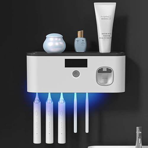 Désinfectant mural intelligent pour brosse à dents avec 5 emplacements et distributeur de dentifrice sous vide, charge solaire, installation facile, protège la santé dentaire