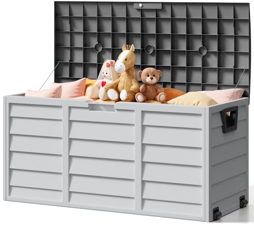 The Fellie Garden Storage Box with Wheels, 290L Lockable Garden Storage Boxes Waterproof, Plastic Outside Storage Box for Gardening Tools, Cushions, Toys, 112x49x54cm, Light Grey