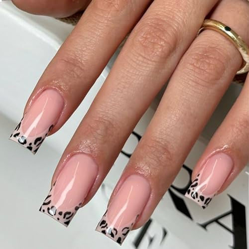 GlamRays 24 Stück Press on Nails Mittelgroße Quadratische French Tip Spitze Falsche Nägel Mit Designs - Leopard Und Tiefsee-Felis-Muster Glänzend Kleb Nagel