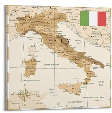 Poster vintage con mappa dell'Italia su tela, poster decorativo da parete e stampa artistica moderna per camera da letto, poster decorativo per camera da letto (50 x 50 cm)