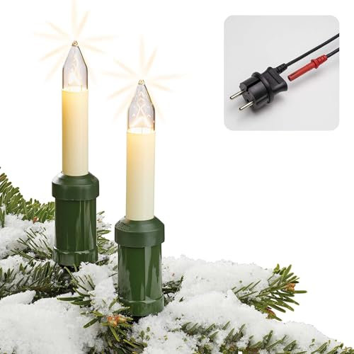 hellum Christbaum Lichterkette, Made in Germany, Kerzen mit Clip, 15 Lichter, beleuchtete Länge 11,2 m, Kabel schwarz, warmweiß, für Außen, teilbarer Stecker, 3 Ersatzkerzen, kein LED <59lm 430004