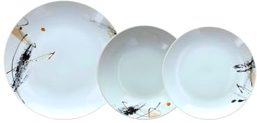 Wintem Servicio de 18 platos de porcelana resistente con platos hondos, planos y de postre y decoración gráfica negra – Juego ideal para 6 personas y para cualquier ocasión – Modernos y lavables en