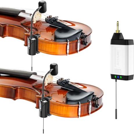 ACEMIC Dual UHF Violin Wireless Microphone Gooseneck Pick Up Instrument Clip-on Mic 1 Receiver and 2 Transmitter System for Violin Stage Musical Instrument Performance,Q2/VT-5