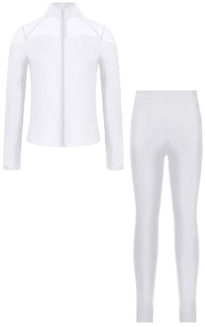 Hedmy Mädchen Eiskunstlauf Anzug Jacke Langarm Reißverschluss Sweatshirt und Leggings Set Kinder Glänzende Trainingsanzüge Weiß 170