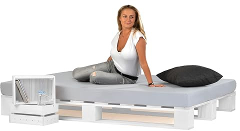 Lermowood Palettenbett M1 aus Holz 140 x 200 cm Weiß mit Lattenrost Holzbett 20cm Stabiles Seniorenbett Kinderbett Jugendbett Gästebett erhöhtes Einzelbett Bettgestell Futonbett Komforthöhe