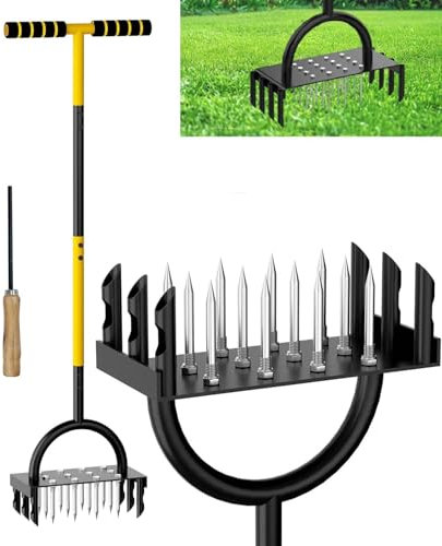 Manual Lawn Aerator, 2-in-1 Aerator with 16 Spikes& 8 Cores, 98cm Lightweight Grass Aerator Tools for Yard, Lawn Aeration, Garden Tool, Revives Lawn Health