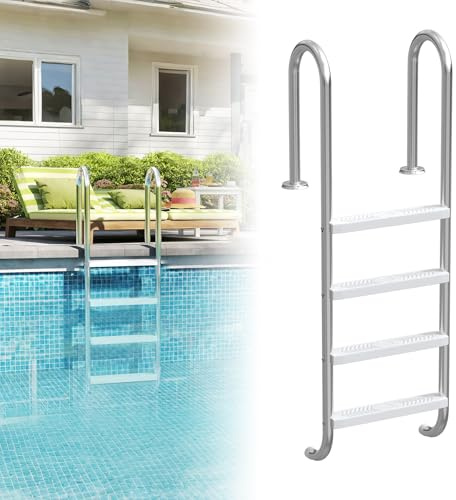 Froadp - Escalera de piscina de acero inoxidable con 4 peldaños antideslizantes, 157 x 54 x 26,5 cm, carga máxima: 150 kg, color plateado