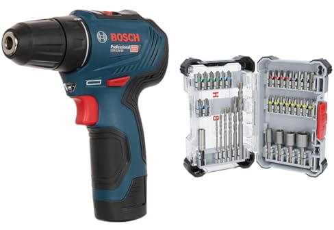 Bosch Professional 12V System Akku Bohrschrauber GSR 12V-30 (inkl. 2x2.0 Ah GBA 12V Akku, Ladegerät) + 35x Extra Hard Schrauberbit‑ und CYL-3 Bohrer-Set (197 x 110,5 mm)