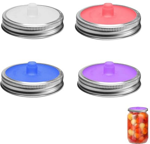 Lot De 4 Bocaux De Fermentation En Silicone, Grands Couvercle Mason Jar Avec Bandes En Acier Inoxydable, Couvercles En Silicone De Qualité Alimentaire Pour Kimchi, Choucroute, Concombres