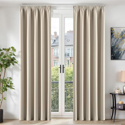 TOPICK Gardinen Vorhänge Verdunklungsvorhänge 2er Set H245xB140 Beige | Gardinen mit Kräuselband Schlafzimmer Vorhänge Blickdicht Wohnzimmer Blackout Curtain Living Room Gardinen für Schienensystem