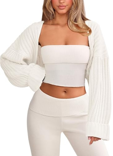 OZICERD Chunky Knit Bolero Shrug Cardigan Sweater for Women Fall Open Front Long Arm Sleeve Cropped Cardigan Y2k Loose Sueter White S