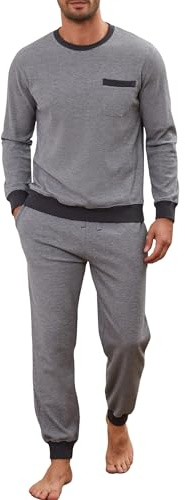 Winovia Herren Schlafanzug lang Pyjama Set Waffelpique Baumwolle Zweiteiliger Nightwear Set Sleepwear Nachtwäsche Langarm Hausanzug mit Rundhals Design Grau L