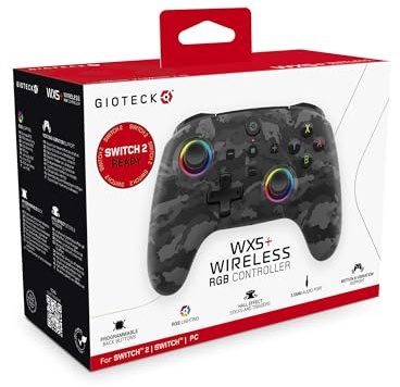 Gioteck WX5+ Dark Camo - Wireless Controller for Nintendo Switch 2 - Chat Menu Button - Hall Effect Thumbs and Triggers - Customisable RGB - Programmable Back Buttons