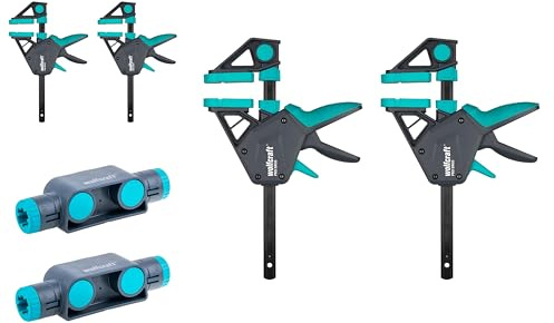 wolfcraft 4 Einhandzwingen PRO ERGO - Spannkraft 150 kg -Die komfortable Zwinge für den Allroundeinsatz - 150 mm Spannweite Connector Set 2 tlg. I 8664060 I Zum Verbinden von Einhandzwingen