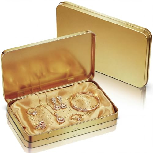 Geiserailie 2 Pack Metal Tin Boxes with Hinged Lids, Rectangular,Gold