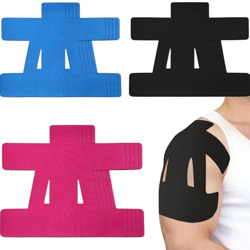 12 pièces Prédécoupées Tape Kinesiologie épaule Tape noir+bleu+rose - kinesio tape bande kinesiologie, résistant à l'eau & doux pour la peau Ruban de physiothérapie douleurs épaule correction