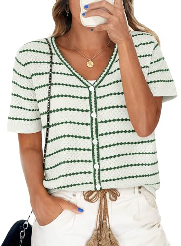 COCCKO Women's Trendy 2026 Summer Tops V Neck Short Sleeve Sweater Crochet Knit Striped Cute Business Tops White and Green M