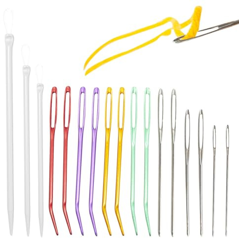 Agujas de coser de lana, juego de 17 agujas de zurcir con puntas dobladas coloridas, aguja de zurcido fácil de usar, agujas de tapiz de aluminio de grande para tejer ganchillo proyectos de costura