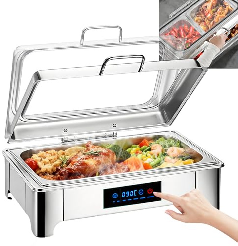 Aocay Elektrischer Chafing Dish Glasdeckel, 9L Edelstahl(Full Pan) | Speisewärmer Buffetwärmer Elektrisch Einstellbarer Temperatur, Warmhaltebehälter Essen Elektrisch mit Abnehmbarer Heizplatte
