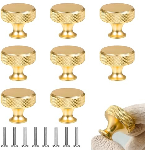 ZHUOmengyun Gold Knurled Cabinet Knobs, 8 Pcs 24mm*26mm Aluminum Alloy Round Drawer Knob with Screws Kitchen Cabinet Handles for Drawer Dresser Wardrobe Cupboard
