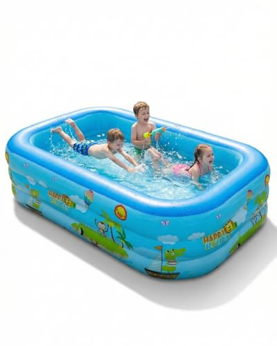 2.1M Inflatable Paddling Pool, Cartoon Prints Swimming Pool Rectangle, 3 Layer Air Chamber, PVC Thickened, Bubble Bottom, Self-Adhesive Repair Patch, Easy Setup & Storage, for Kids, Family
