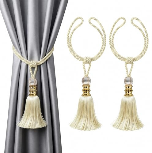 Rayong 2 Pezzi Tenda Nappa Cordino,Vintage Tenda Nappa Cordino,Nappe Corda Fermatenda, Tenda Tieback Corda Realizzato a Mano per Salone Camera Letto Biblioteca Decorativo (Bianco Crema)
