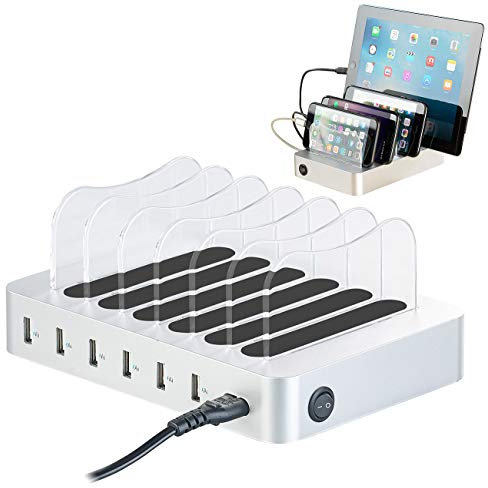 revolt Multiladestation: 6-Port-USB-Ladestation mit entnehmbaren Trennwänden, 10 A / 50 Watt (USB Multi Ladestation, USB Tischladestation, Apple iPhone Ladekabel)