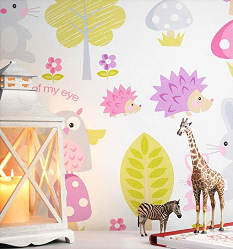 NEWROOM Tapete Bunt Vlies Kindermotive - Kinder Waldtiere Eule Igel Hase für Kinderzimmer Babyzimmer