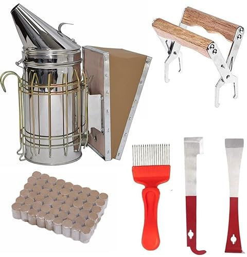 HONEY LAKE Beehive Smoker Beekeeping Supplies Tools Set, Included Bee Hive Smoker with 52Pcs Smoker Pellets,Frame Holder Grip/2 Type Hive Tools/Uncapping Fork