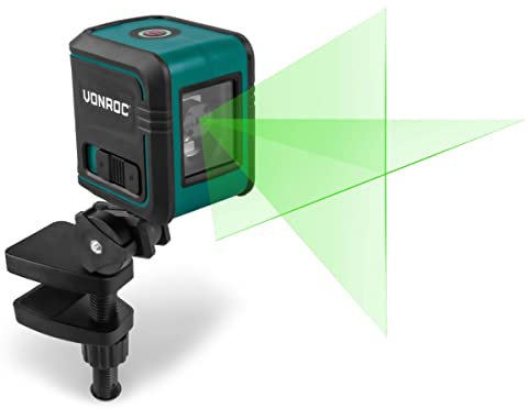 VONROC Láser de línea cruzada - Verde - Autonivelante - Alcance de 18 metros - Incluye barra de sujeción, bolsa de herramientas y baterías