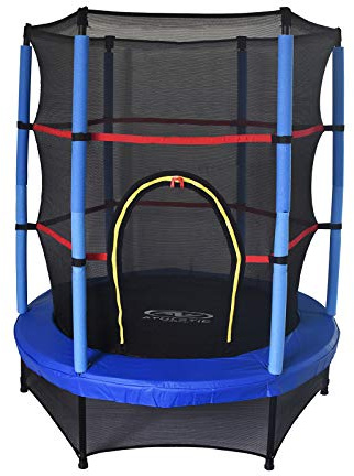OutdoorToys Elastisches Kinderbett Happy Jump Blue, Ø 140 x 160 cm, Kindertrampolin mit Sicherheitsnetz