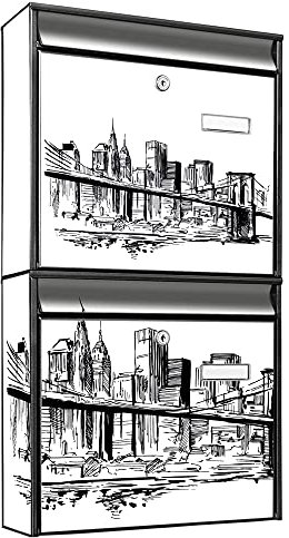 banjado Briefkastenanlage 2 Fach - 2 Briefkästen 36x64x10cm groß - Doppelbriefkasten Set - Namensschild, 2 Schlüssel, Montagematerial - Stahl verzinkt schwarz - Motiv New York Skizze