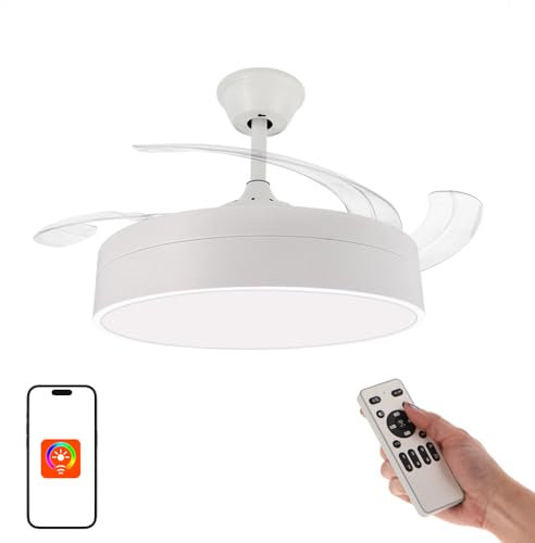 M mimotec - Ventilador de Techo con luz Led Messe 72W Blanco, Mando a Distancia, Bajo consumo, motor DC, 6 velocidades, Silencioso ,4 Aspas desplegables, función verano-invierno, temporizador