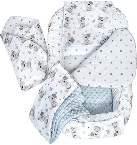 Medi Partners Babynestset för nyfödda - 100x60x15 cm 5-delat portabelt nest vändbart 100% bomull (Nalle med ljusblå Minky)