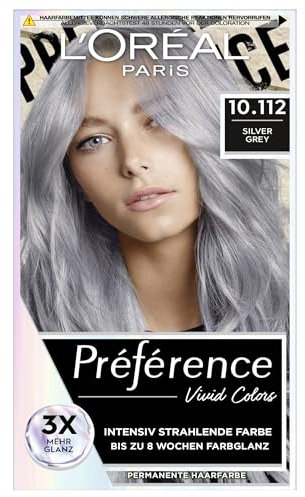 L'Oréal Paris Intensive dauerhafte Haarfarbe, Bis zu 8 Wochen glänzendes Haar und intensive Farbe, Préférence Vivid Colors, Farbe: 10.112 SILVER GREY, 1 Stück