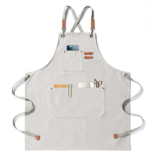 BBQ Grucciali per uomini, grembiule da lavoro pratico, grembiule da lavoro con tasche con cinturini regolabili per parrucchiere, cucina, giardiniere, caffetteria (Bianco)