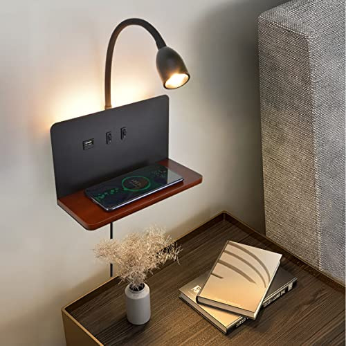 Bedside Wall Sconces with Wireless Charging Station & USB Charging, 3 Adjustable Color Temperatures LED Reading Light, 3000K Warm Ambient lighting Wall Mounted Sconce for Bedroom, Plug-in or Hardwired