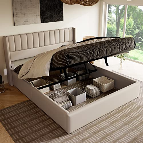 Kehun Polsterbett Doppelbett 180x200 cm mit Holz Lattenrost aus Metallrahme, Hydraulisch Bett mit Kopfteil, Moderner Stauraumbett Bettrahmen mit Groß Stauraum, Leinen, Beige, ohne Matratze