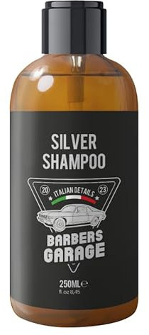 Champú exclusivo de plata de Barbers Garage (250 ml), detalles italianos, cuidado de la barba y el cabello con aloe vera, elimina los tonos amarillos y naranjas.