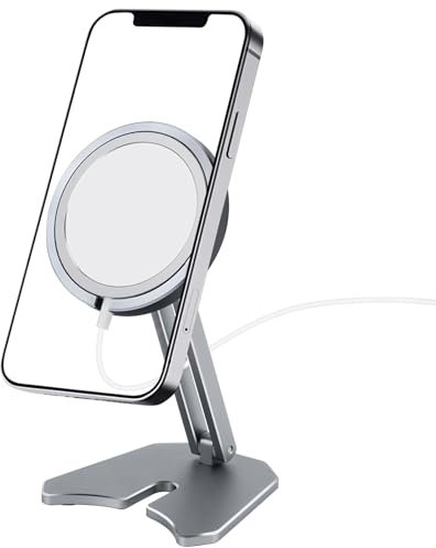 flintronic Folding Phone Stand for magnetic Charger, Adjustable Aluminum Mobile Phone Stand, Magnetic Wireless Charge Desktop for iPhone 15/14/13/12 Pro Max/Pro/Mini, [Charger Not Included]- Silver