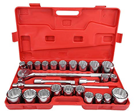 27-teiliger 3/4-Zoll-Steckschlüsselsatz, Vielzahn-Steckschlüssel-Mutternkoffer mit Ratsche. Verschiebbarer T-Gestänge-Chrom-Vanadium-Stahl zum Entfernen der Mutter und Autoreparatur-Werkzeugsatz