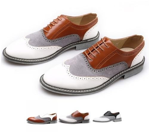 Men's Two Tone Patchwork Brogue Oxfords Shoes Fashion Classic Round-Toe Lace Up Low Top Leather Dress Shoes Hand Stitched Business Formal Derby Shoes (Brown,8.5)