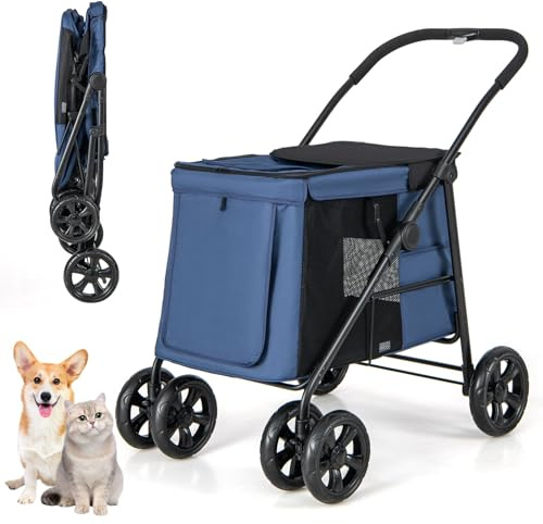 COSTWAY Passeggino per Cani Pieghevole, Carrello a 4 Ruote per Animali Domestici Piccoli e Medi, Trasportino Portatile con Ruote, Lucernario e Tasche, Chiusura Rapida (Blu)