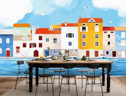 Fototapete Blumen 3D Tapeten 3D Effekt Wohnzimmer Schlafzimmer Vliestapete Handgemalte Cartoon Wasserfront Stadt Fluss Boot Natur Grau Graffiti Steinoptik Kinder Tapeten